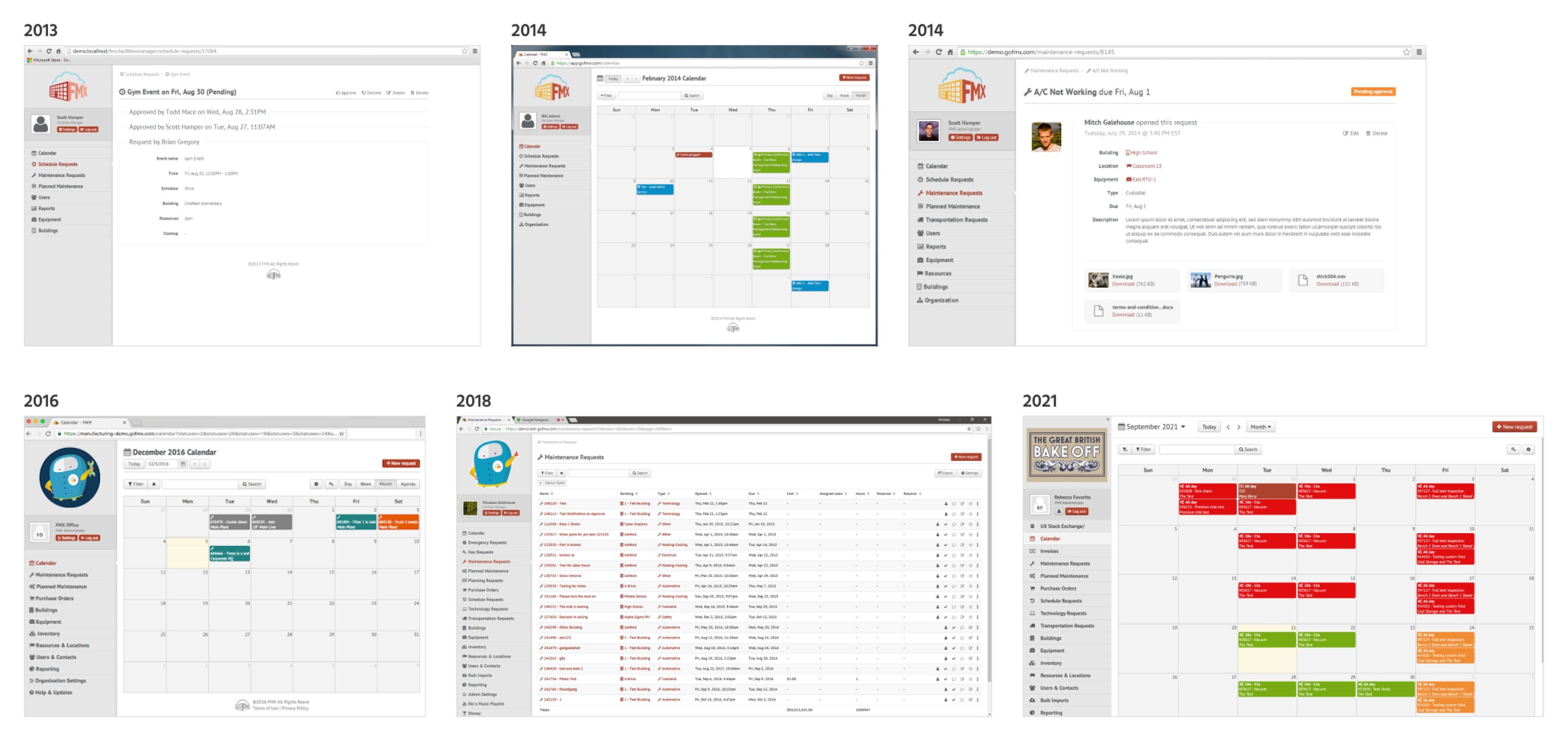 Several images depicting the history of the FMX SaaS application design