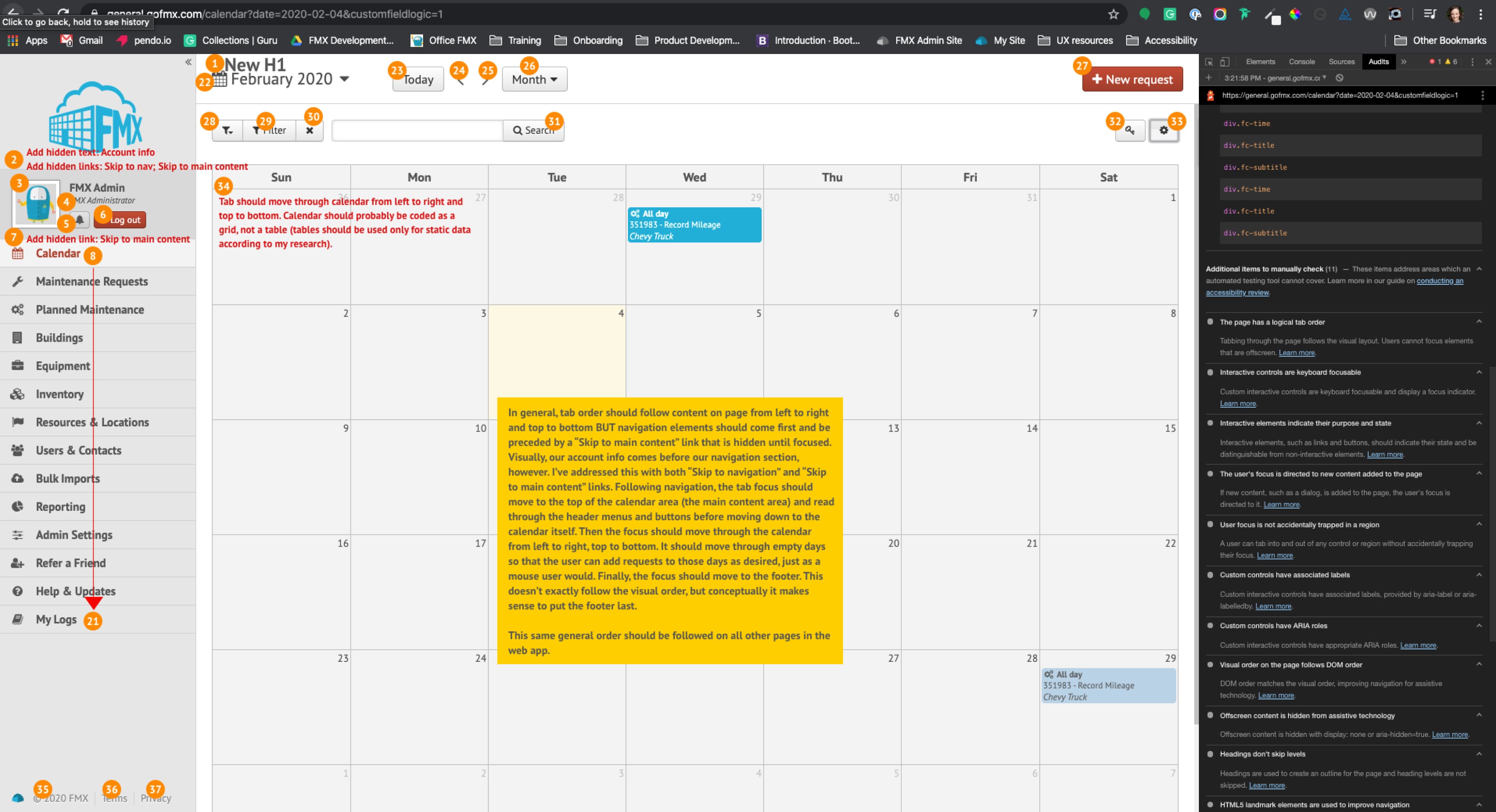 Early in the project, I annotated a screenshot to show developers what the tab order should be on the calendar page to improve accessibility. 