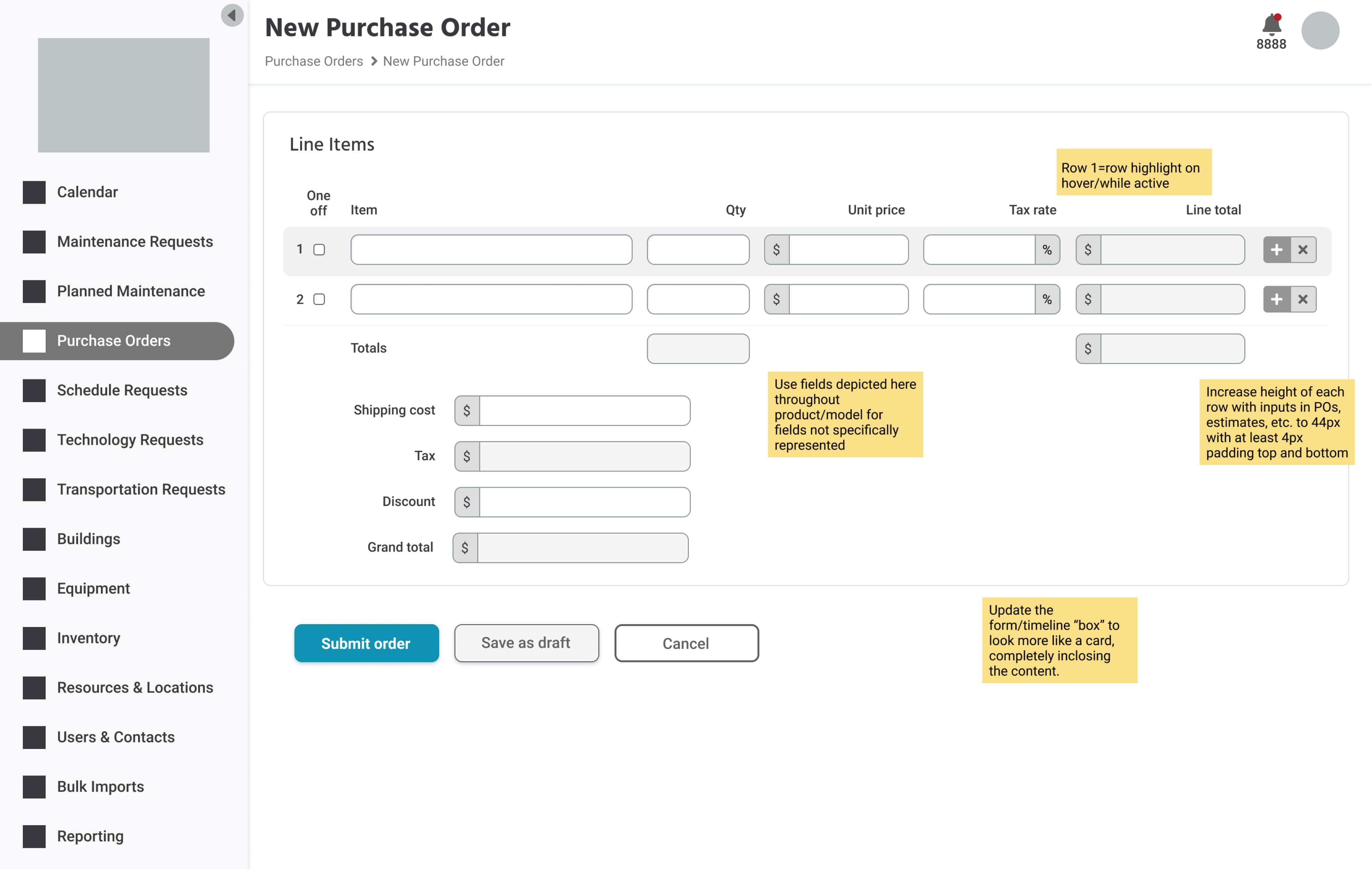 An annotated mockup explaining layout and design changes for developers.