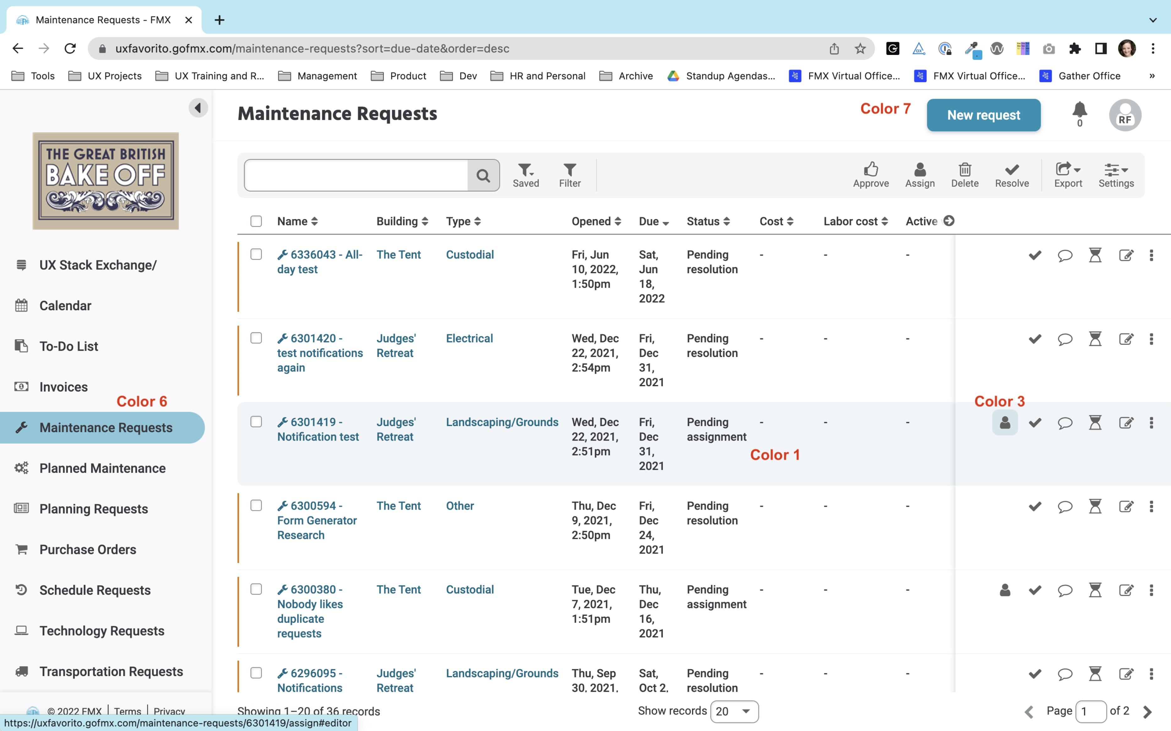 An annotated screenshot showing how the shades of the primary color palette are applied to the UI, created for the development of white labeling.